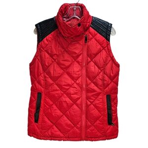 Andrew Marc MNY Performance Red Puffer Vest Faux Leather Trim Diamond Stitching